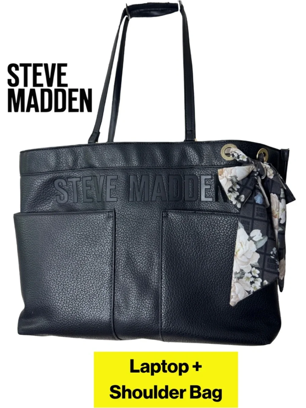 STEVE MADDEN 🪷 Pebbled Black Leather Large Laptop Tote, Floral Scarf Accent